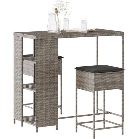 3-tlg. Gartenbar-Set mit Kissen Grau Poly Rattan