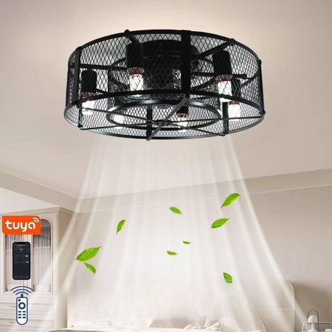 Plafonnier ventilateur cage 45 cm style campagne, moteur réversible, télécommande, 6 vitesses, minuterie 1/2/4 hNoirAmpoules non incluses (1/5)