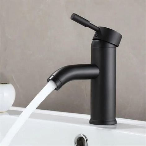 Minimalistische, schwarze Edelstahl-Warm-/Kaltwasser-Mischbatterie für kurze schwarze Waschbecken, kurze schwarze (1/5)