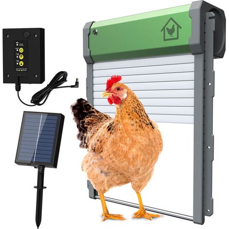 Automatische Hühnerstalltür, solarbetriebener Hühnerstalltüröffner mit Zeitschaltuhr und Lichtsensor, wetterfeste, einklemmsichere Aluminium-Hühnerstalltür mit Fernbedienung (1/4)