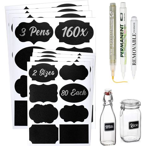 Lot de 160 etiquettes autocollantes bocaux cuisine avec 3 stylos – étiquettes pour bocaux étanches, Idéal pour les bouteilles en verre et les Pots de Confiture Ou de Mason (1/5)