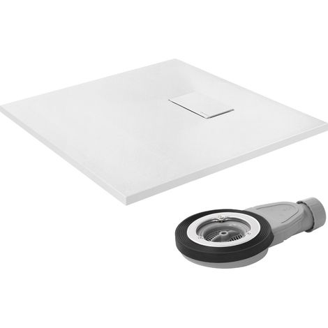 LuxeBath Duschwanne 80x80 cm Weiß mit Ablaufgarnitur, Extra flache und robuste SMC Duschtasse, Quadratische Brausewanne H:30 mm, Design Brausetasse Anti-Rutsch-Oberfläche in Schieferoptik mit Siphon (1/5)