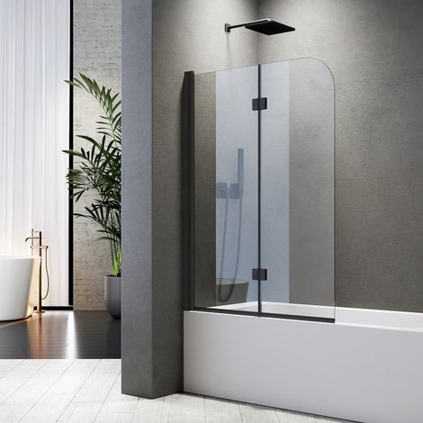Schwarz Duschwand für Badewanne 100x140cm Badewannenaufsatz 2-teilig Duschtrennwand für Badewanne Duschwand Badewanne Faltwand Duschabtrennung Badewanne, 6mm NANO ESG Glas