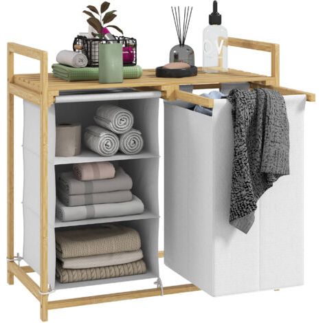 Panier à linge avec sac à linge et tiroir en tissu, bambou, 70 x 36 x 70 cm, blanc/bois (1/5)