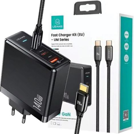 Usams Ladegerät 2xUSB-C+1xUSB T52PD140W PD Schnellladefunktion US-CC168 + Kabel U82 USB-C/USB-C US-SJ581 240W schwarz/schwarz UM-Serie UMXLOGTC01 (1/5)