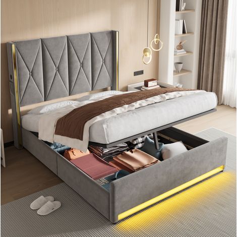 Bett 160x200 cm Dunkelgrau aus Samt mit hohem Kopfteil, Seitentaschen, USB, LED und Stauraum (1/5)