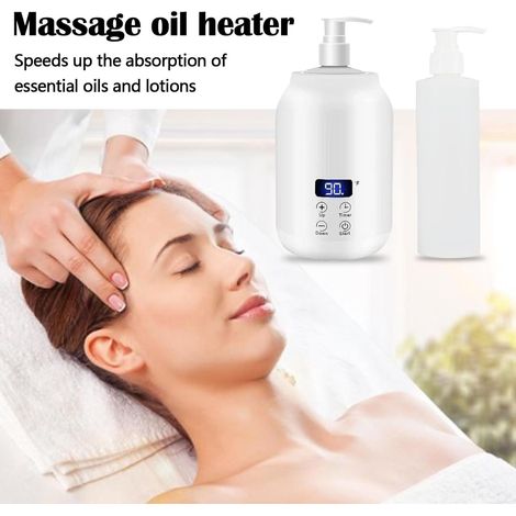 Scalda olio per massaggi, riscaldatore per olio per massaggi con temperatura regolabile da 30 a 65 gradi, kit per olio per massaggi con 2 bottiglie di plastica per oli essenziali, massaggio alla schie (1/4)