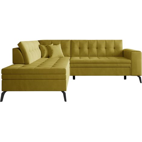 Canapé d'angle convertible velours LARRY - Pieds acier noir-Jaune olive-angle gauche (1/5)