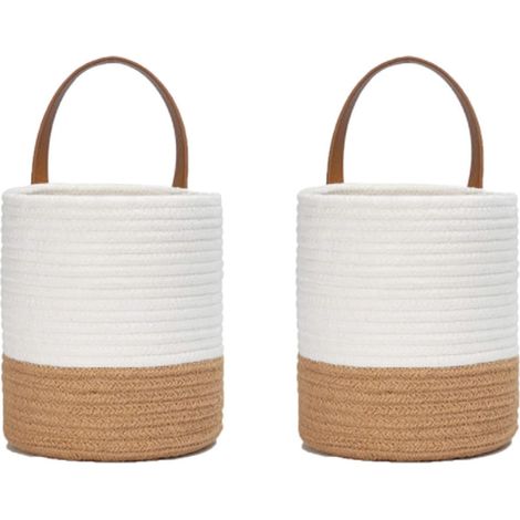 2 Paniers à Plantes Tissés en Corde de Coton, Ensemble de Panier Mural Tissé Suspendu, Corde de Coton Panier, pour Pot de Fleurs Coton Stand Home Decor Blanc + Jute (1/5)