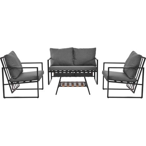Salon de Jardin 4 Pièces avec Coussins Déhoussables Très Épais 16cm - Canapé et Fauteuils de Terrasse en Métal Robuste - Salon Bas de Jardin, Table Basse en Verre Trempé, Noir (1/5)