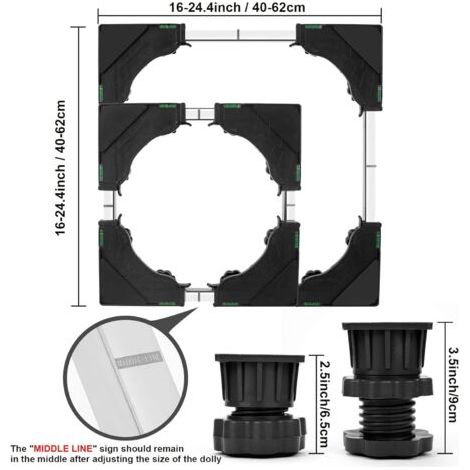 Socle pour machine à laver avec 4 roulettes verrouillables et 8 pieds souples, capacité de charge de 300 kg, largeur réglable (40-62 cm), hauteur réglable (11-12,5 cm) et comprend un support pour appa (1/4)