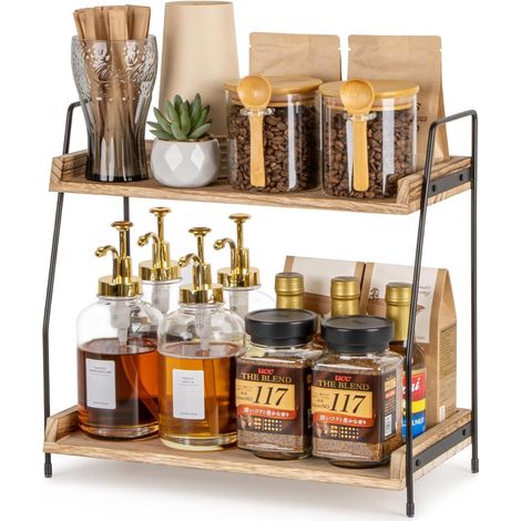 Étagère de rangement pour coin café, support à accessoires de bar à café en bois à double niveau, boîte de rangement pour épices, convient pour la cuisine, la maison et le bureau. (1/5)