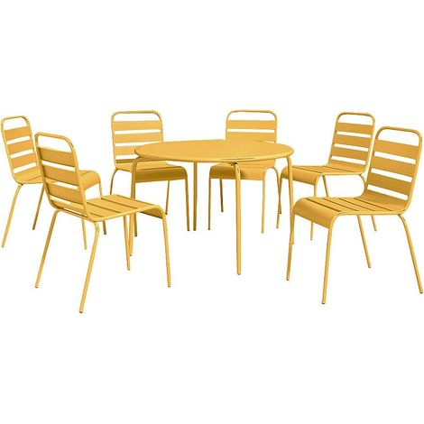 Sala da pranzo da giardino un tavolo rotondo D.130cm e 6 sedie impilabili in Metallo Giallo senape - MIRMANDE di MYLIA