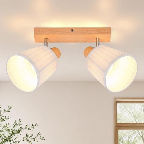 ZMH Spot Plafond E14 Vintage 2 Lumières Orientables 350°, Bois et Abat-Jour en Tissu, Style Rétro pour Salon et Chambre (1/5)