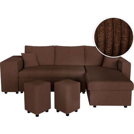 Canapé d'angle réversible convertible OSLO avec coffre, 2 poufs à gauche en velours côtelé marron (1/5)