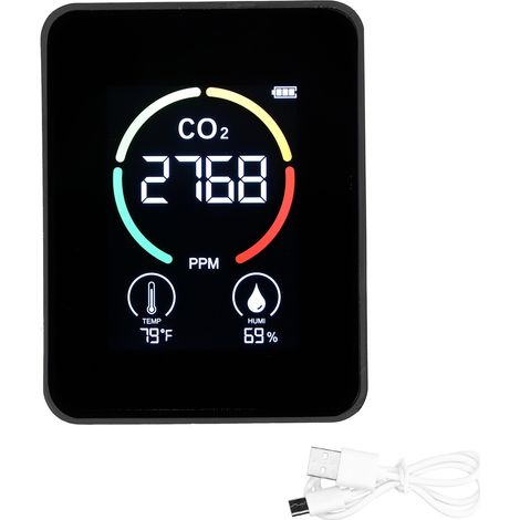 Détecteur de dioxyde de carbone à semi-conducteur, chargement USB, écran LCD, détection de température et d'humidité, détecteur de qualité de l'air, noir (1/5)