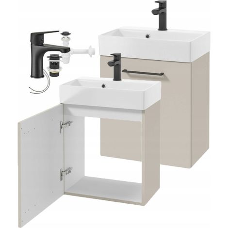 Mueble de ba帽o suspendido con lavabo de cachemira, tirador negro, 60x50cm, grifo y sif贸n Elara. (1/5)