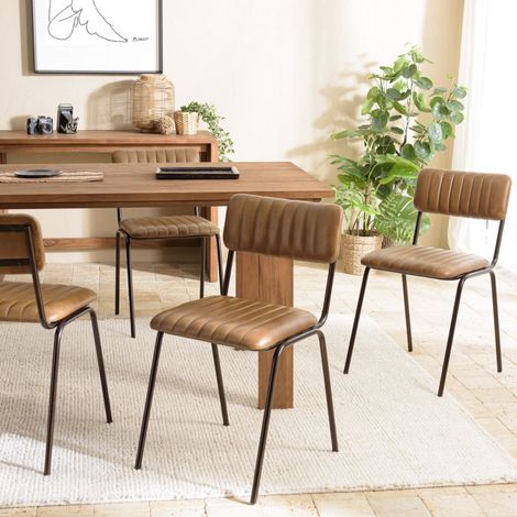 MARCEL - Lot de 2 chaises assise cuir dossier bois de manguier / rotin (1/5)