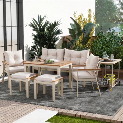 Modernluxe - Salon de jardin en acacia 6-7 places - Table et fauteuils avec desserte amovible - Coussins déhoussables et lavables - Beige (1/5)