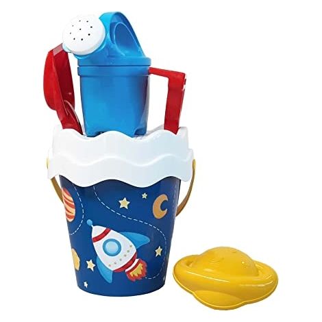 SIMBA- SPACE 6 PIÈCES SEAU PASSOIRE MOULE À SABLE PELLE RÂTEAU GROSOIR 16 CM D:17 CM À PARTIR DE 10 MOIS, 107114608