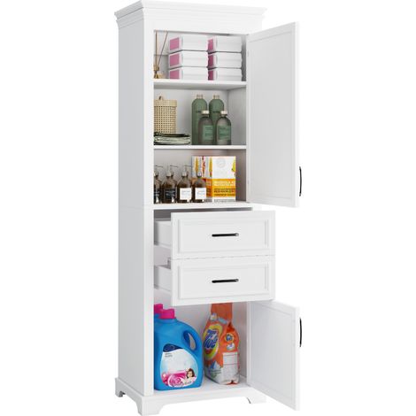 Armadio da bagno con 2 Cassetti, 2 Ante e 4 Vani, Ripiano Regolabile, in MDF, Bianco, 60 x 40 x 180 cm (1/5)