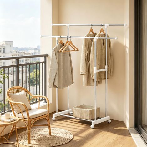 Porte-manteau sur pied, portant vêtements roulant avec roulettes, armoire ouverte extensible, penderie double barre pour manteaux (sans housse) (1/5)