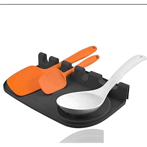 JSSEVN - Silicone Spoon Rest, 2-in-1 Silicone Kitchen Utensil Rest for Spoon, Spatula, Ladle, Fork, Non-Slip, Heat Resistant (Black) (1/4)