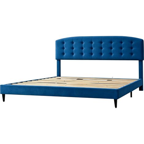 Upholstered Bed Frame with Cozy Button Tufted Headboard & Adjustable Height, Wood Slat Support CHEYENNE SUPER KING BLUE (1/5)