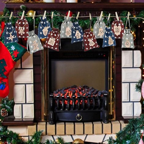 Adventskalender-Geschenktüten, DIY-Weihnachtskalender, 24-Tage-Geschenktüten mit Kordelzug, hängende Geschenktüten für Weihnachtsdekorationen, Holzbrett (1/5)