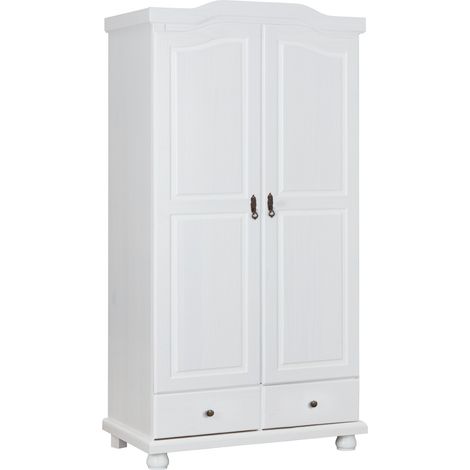 Armoire 2 portes et 2 tiroirs en pin massif blanc - Dim : 56 x 104 x 198 cm -PEGANE- (1/3)