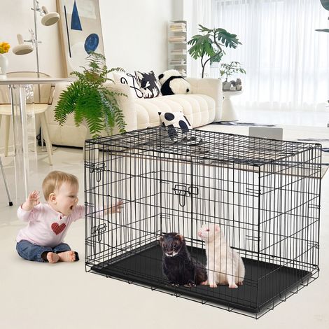 Cage pliable pour lapin en acier renforcé – Plancher grillagé & plateau coulissant anti-fuite – 2 portes (avant + dessus), antirouille, sans outils – 121 x 76,5 x 81 cm (1/5)