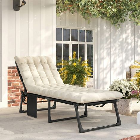 Chaise longue pliable, large chaise longue de jardin avec dossier réglable sur 5 positions, matelas rembourré, appui-tête et poche latérale