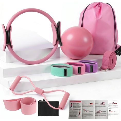 Home Pilates Kit for Women, 9 Piece Pilates Ring Set with 32 cm Magic Circle, 25 cm Pilates Ball, Resistance Bands, Home Essential Pilates Kit for Strengthening Firming