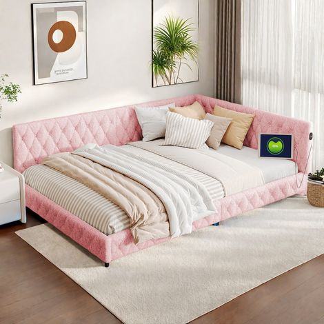 Canapé-lit 140 x 200 rose avec lumière ambiante LED - Lit capitonné avec ports USB et Type-C - Velours teddy - Sommier à lattes en bois - Salon/Chambre