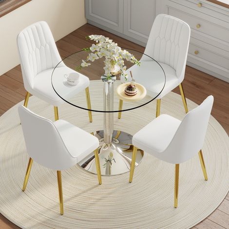 Esstischset 1 Runder Tisch und 4 Stühle aus Glas und Metall Weiß und Gold (1/5)