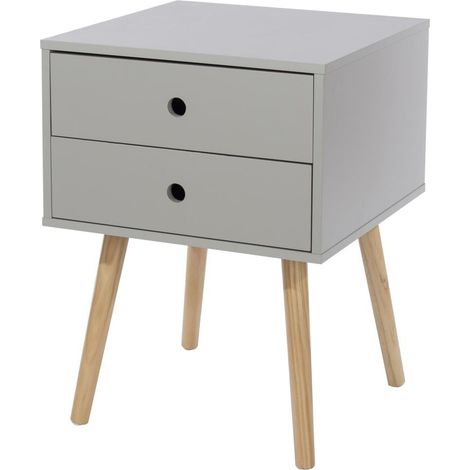 Scandia, 2 Drawer and Wood Legs Bedside Cabinet - MDF/Pine - 40 x 40 x 54 cm - Grey/Pine (1/5)