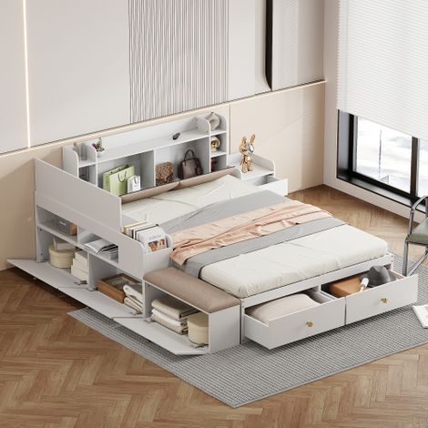 Cama adulto de 140x200cm, estructura con cabecero, compartimento de almacenamiento integrado, cajón, mesilla de noche, taburete de sofá, sin colchón, blanco (1/5)
