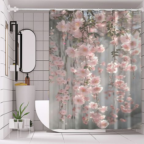 Rideau salle bain Sakura rose 180x180 cm polyester sans perçage, lavable avec crochets (1/5)