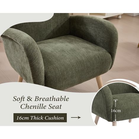 Wahson Fauteuil de salon en chenille vert – Dossier large et accoudoirs confortables – Coussin épais 16 cm – Pieds en bois robustes, Vert
