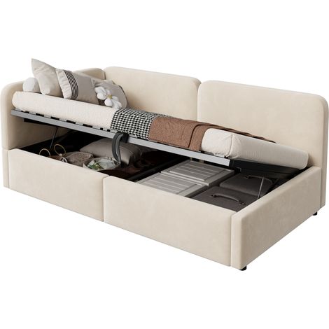 Letto contenitore 90x200 in velluto beige con testiera alta reversibile, sollevamento idraulico e spazio salvaspazio per camera e ospiti CHICFURN (1/5)