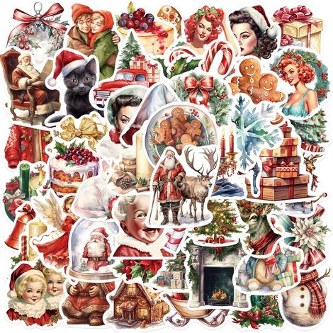Autocollants Noël Vintage Imperméable Sticker Rétro Gommette Décoration pour Scrapbooking Artisanat Bricolage 50pcs (1/5)