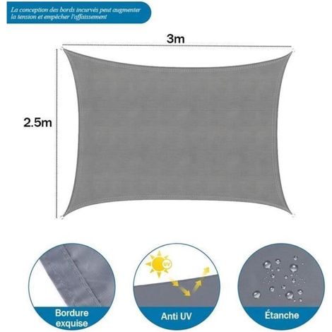 Wasserdichtes Sonnensegel – 2,5 x 3 m – Grau – UV-beständig (1/5)