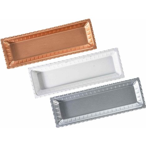 Vassoi decorativi in legno colorato bianco, argento e bronzo con bordo lavorato, set da 3 pezzi, cm 38,5 x 13 x 3 H