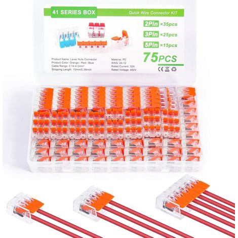 Conectores eléctricos con palanca (75 unidades), terminales y kits rápidos compactos, terminales de conexión eléctrica (35 unidades de 2 entradas, 25 unidades de 3 entradas y 15 unidades de 5 entradas (1/4)
