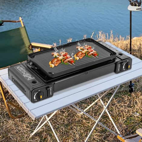 2 flammes Camping Kocher Outdoor Camping Gas Kocher Grillplatte Tischgrill koffer