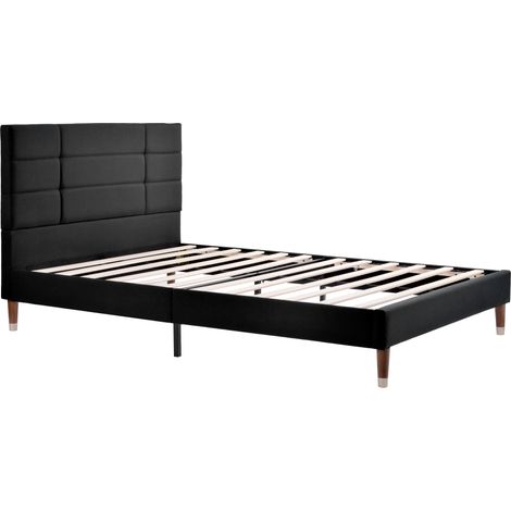 Polsterbett Doppelbett mit Matratze 140 x 200 cm, Holzrahmen, Leinenkopfteil und Stauraum, Schwarz (1/5)