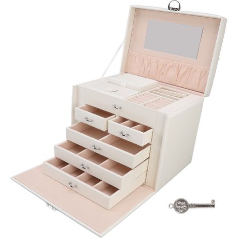 Coffre à bijoux synthétique blanc de grande capacité, étagères multiples, style européen, avec miroir, pour usage domestique (1/5)