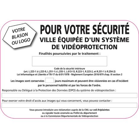 Panneau ville équipée d'un système de video protection (VPV005) Bretagne Classe 1 - 350 x 250 mm