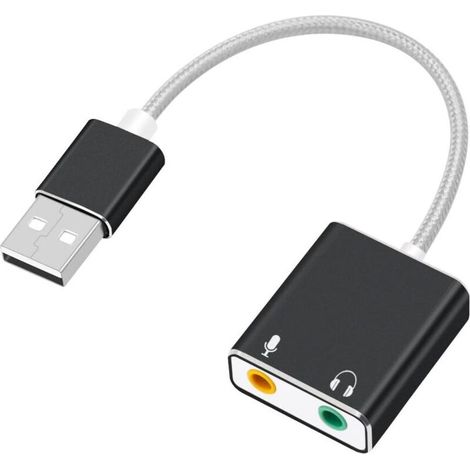 Adaptateur de carte son stéréo externe USB en aluminium, adaptateur audio USB tressé en nylon avec prise casque et microphone, noir (1/4)