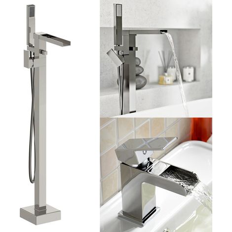 Laura Modern Freestanding Waterfall Bath Shower Mixer Tap With Handset Kit & Basin Mixer Tap + Waste (1/5)
